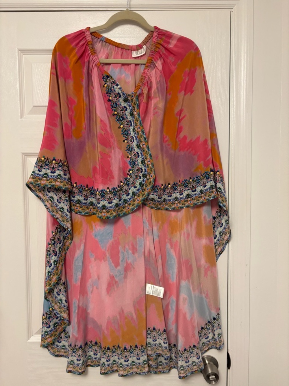 Camilla Silk Kaftan Cover Up One Size Pink Print Embellished Resort Dress